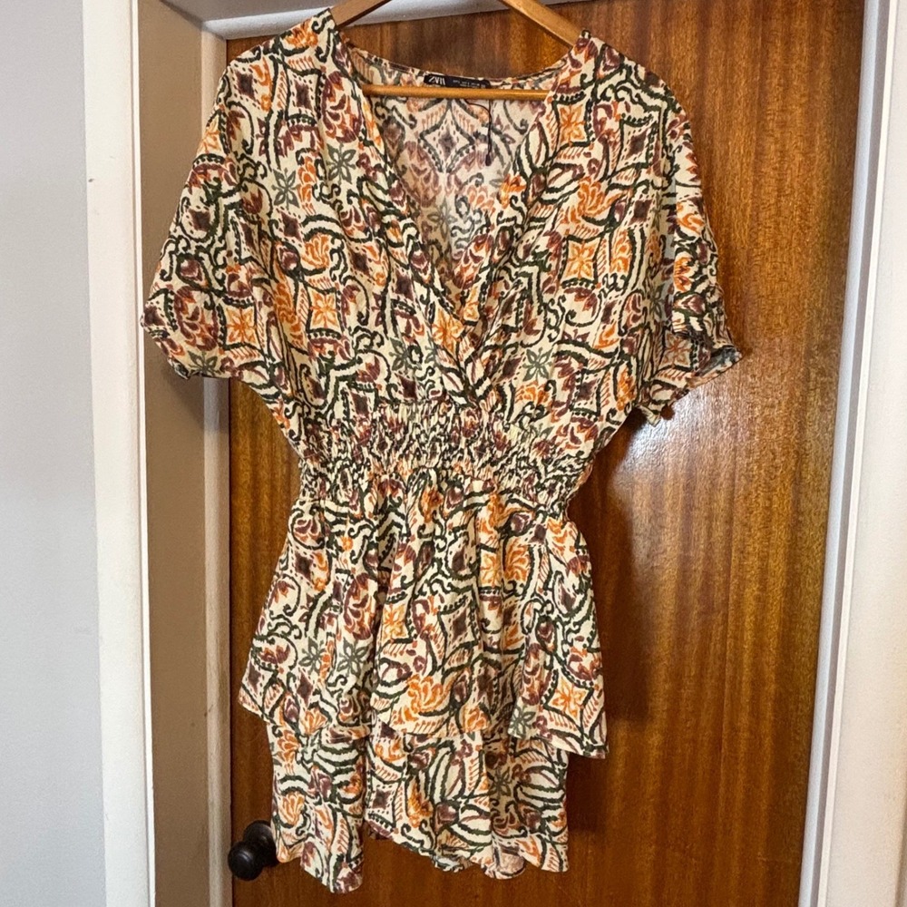 Zara Womens Large Paisley Ikat Print Smocked Tiered Ruffle Mini Dress Earth Tone